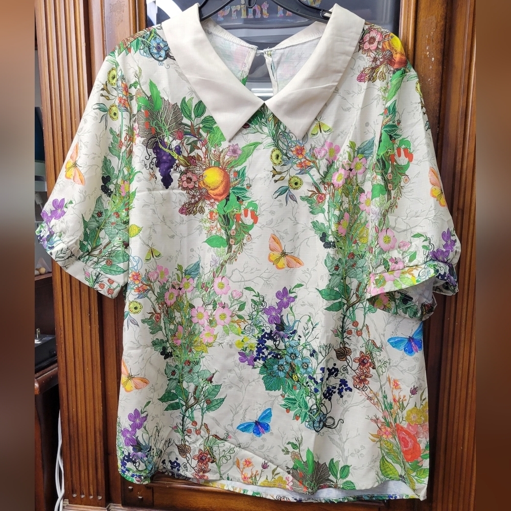 Floral Collared Short Sleeve Top 2xl